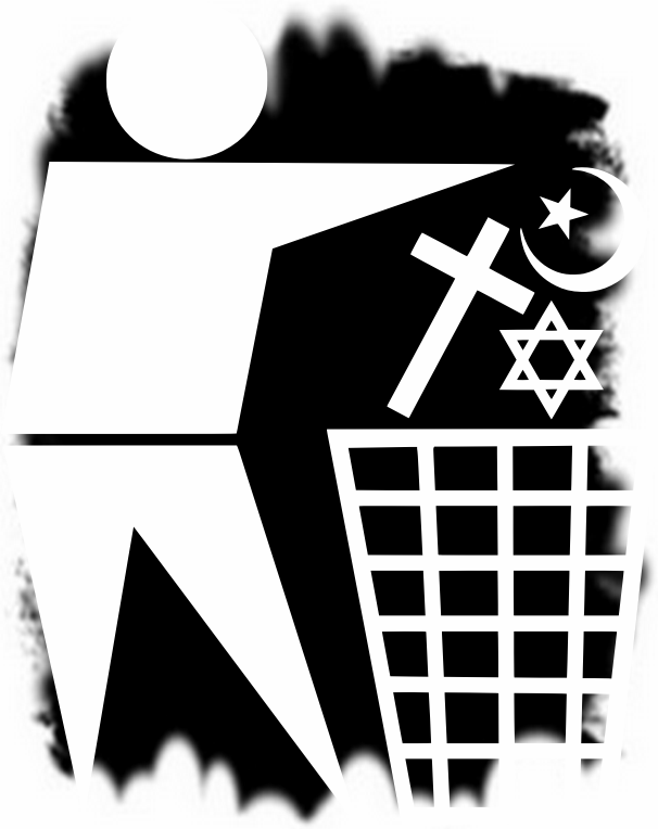 A person throwing the signs of each religion into the bin